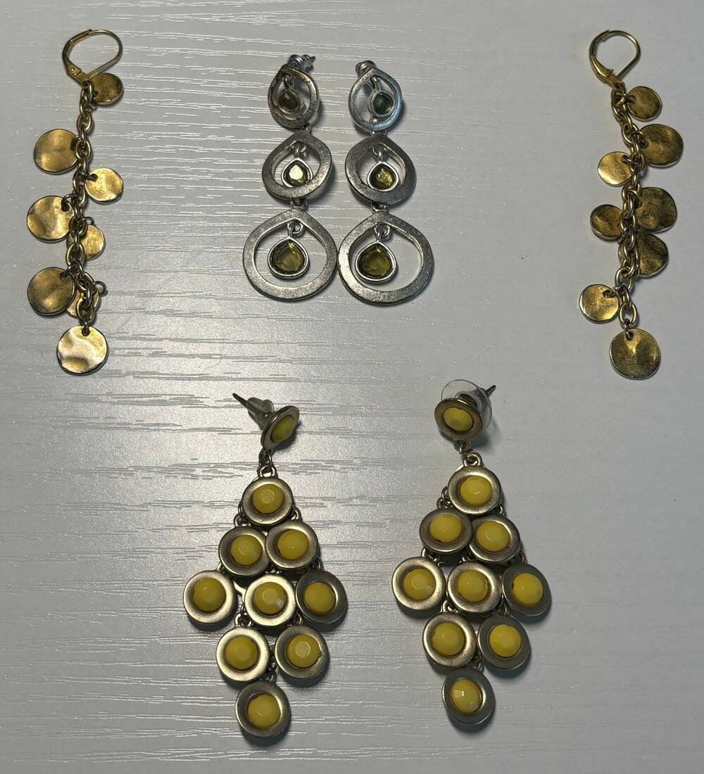 Dangle Drop Earrings Lot of 3 Yellow Green Gold Silver Tone Statement Jewelry
